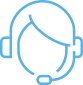 A blue-line illustration of a human head wearing a handsfree telephone headset.